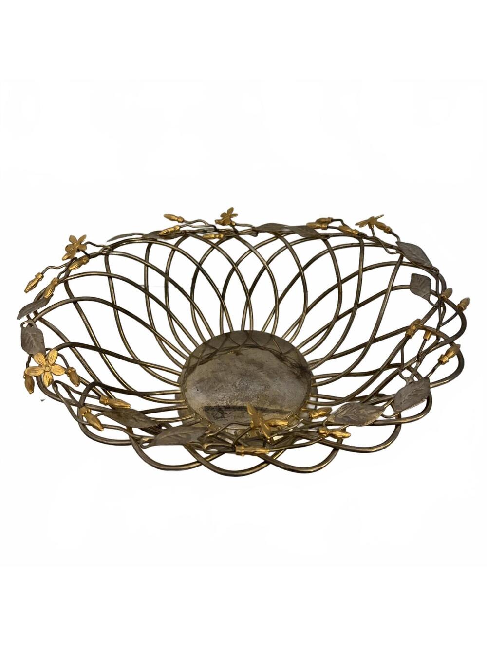 A silver and gold-plated metal decorative floral basket.